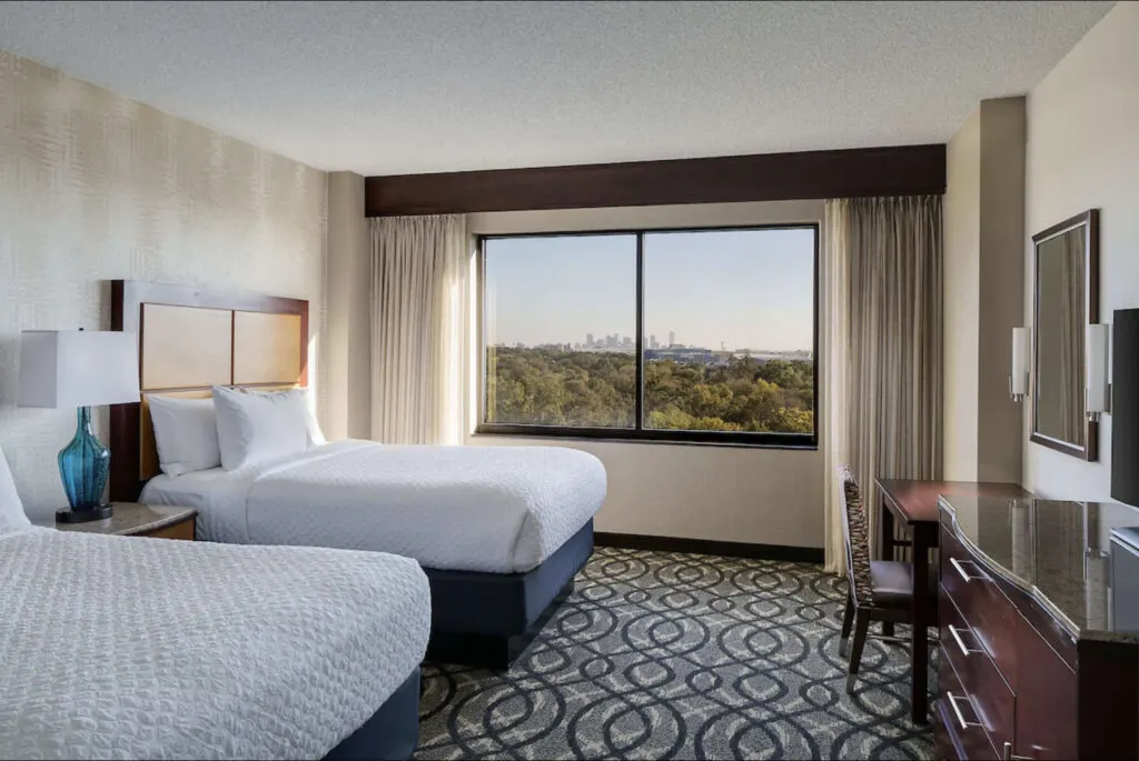Embassy Suites Dallas Love Field hotel room view with Dallas skyline
