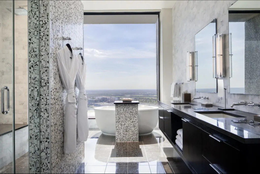 Westin Dallas Downtown hotels room bath view with robe