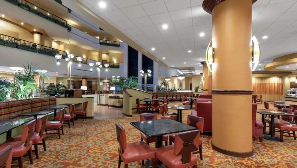 large lobby and dining area at &nbsp;Wyndham Grand Oklahoma City Downtown hotel