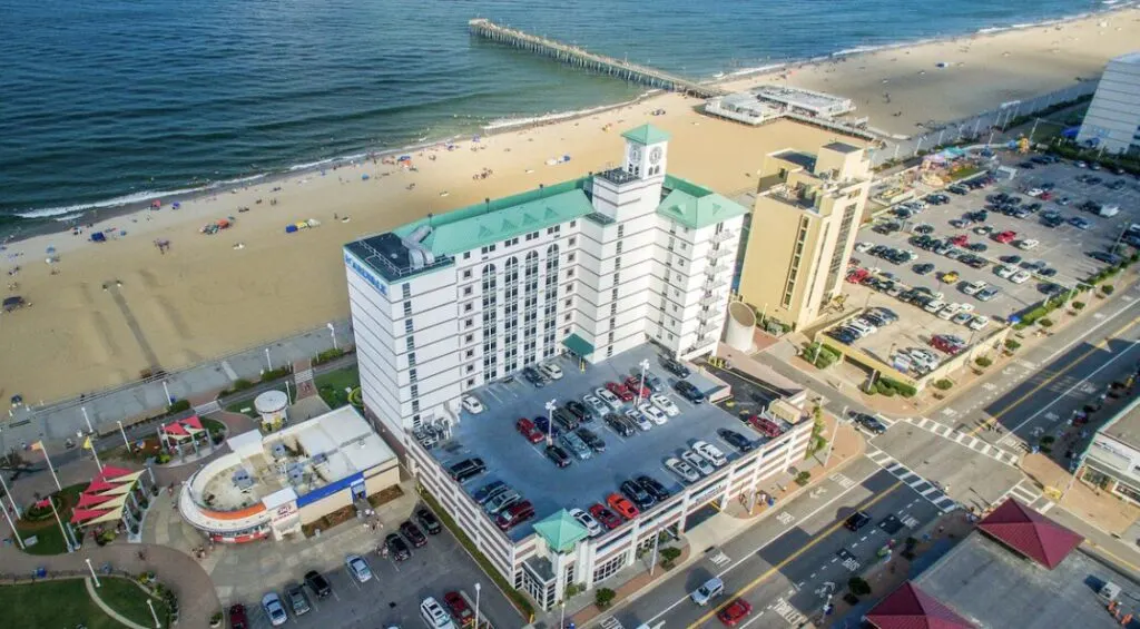 aerial hotel view of Boardwalk Resort and Villas along the oceanfront at Virginia Beach VA